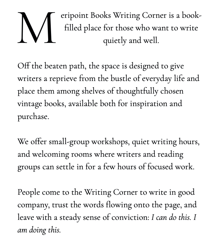 Text describing the writing corner