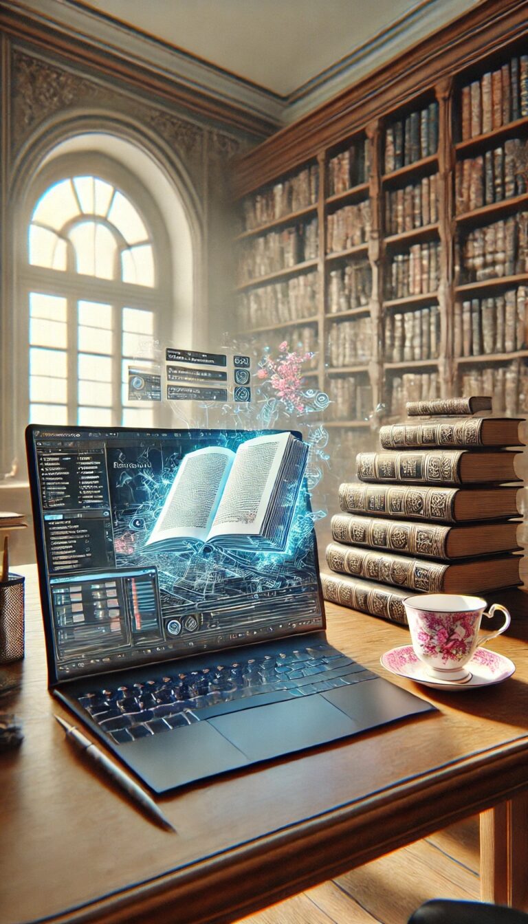 An image of a book emerging from a computer with sparkles.