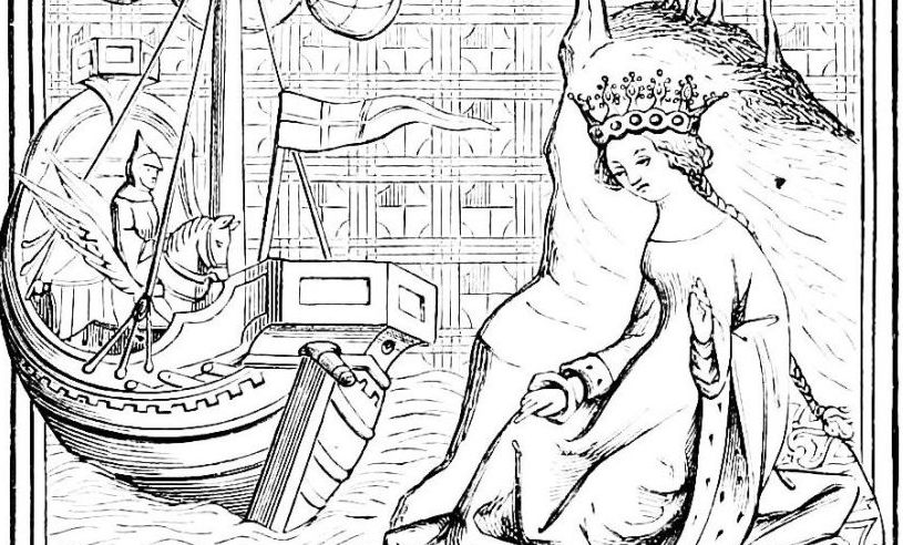 Graphic of queen hailing a man on a boat