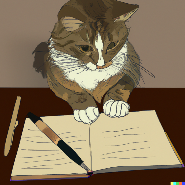 Drawing of a cat looking at an open book